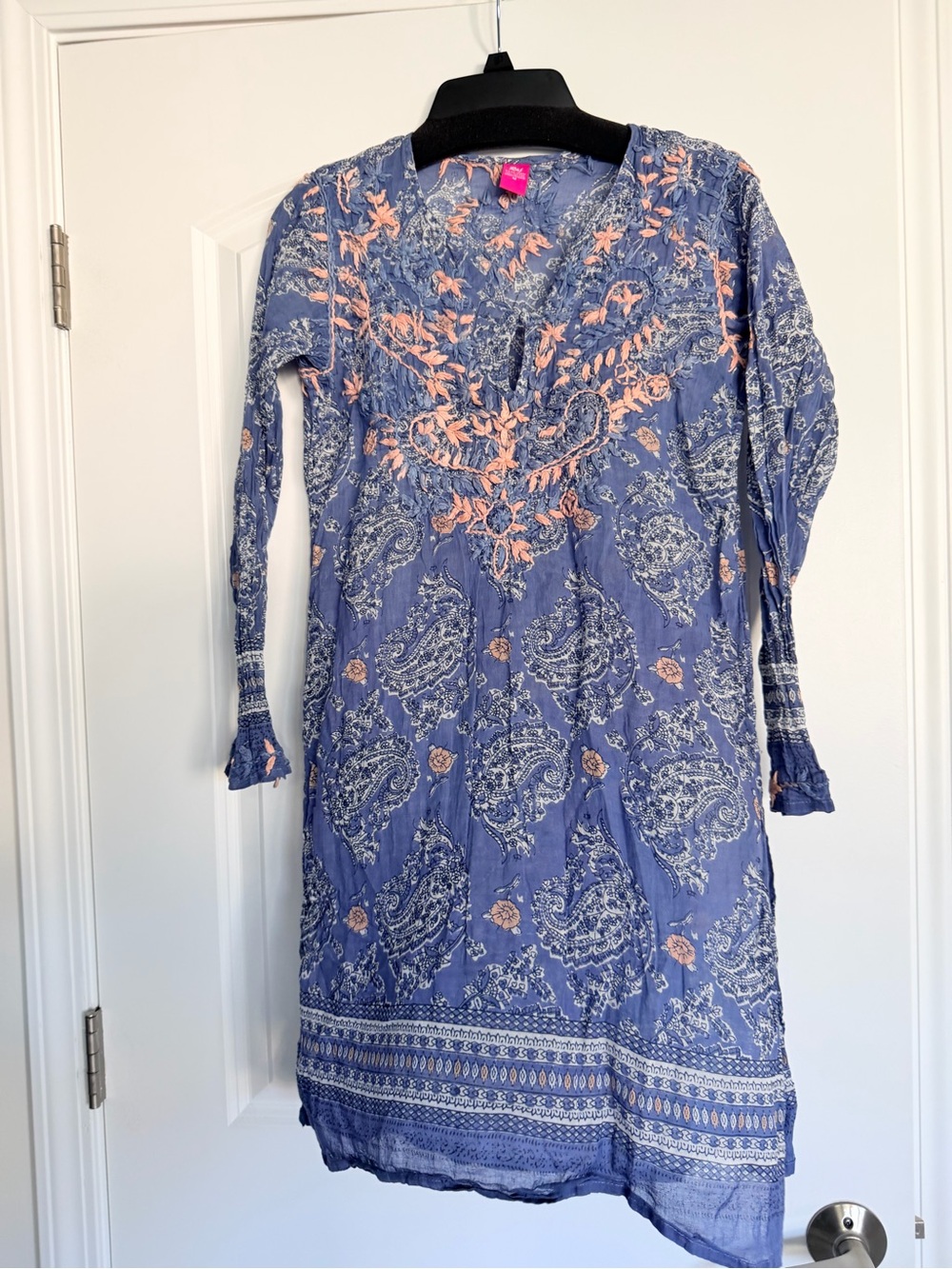 Raj - Boho Embroidered V-Neck Midi Dress in Periwinkle with Peach Accents